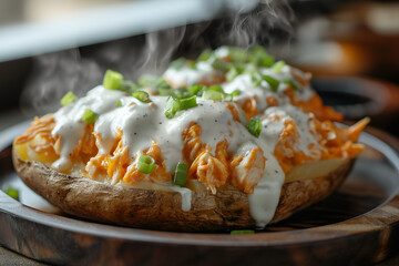 Steaming baked russet potatoes split open, topped with shredded buffalo chicken, melted cheddar, ranch drizzle, green onions, rustic wooden plate, cozy lighting