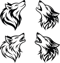 Obraz premium Four stylized wolf heads howling and calm black and white vector illustration
