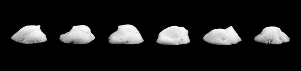 Set Foam texture, white bubbles from soap or shampoo or shower gel and facial foam. isolated on black background