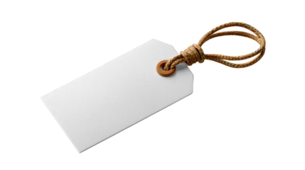 Blank Label Tag: A pristine white label tag hangs suspended by a natural fiber string, awaiting your personalized message or brand identifier.