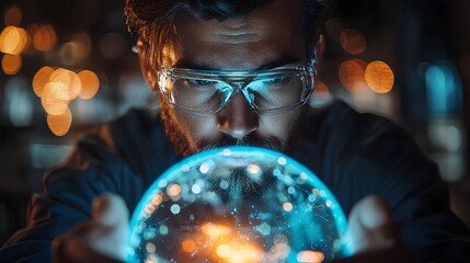 Futuristic scientist studying holographic climate data