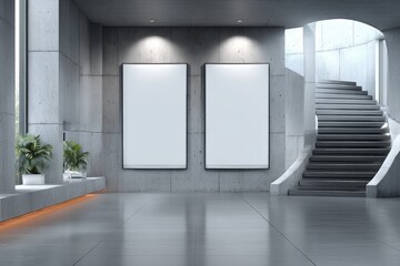 Stylish and Modern School Interior with Empty Mockup Posters, Concrete Walls, and Bright Lighting