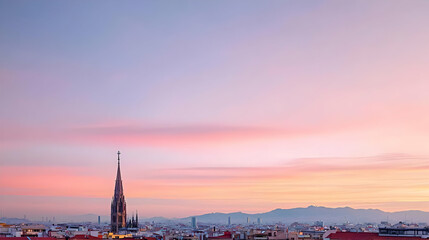 Obraz premium Pink Sunset Cityscape Panorama View