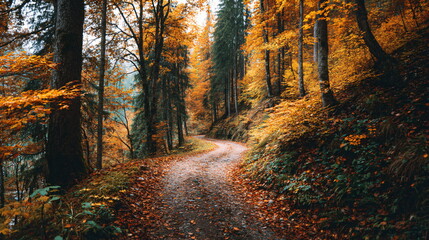 Obraz premium autumn forest path with golden leaves, cinematic look, peaceful nature