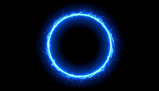 Abstract blue lightning circle on black backdrop. Magic round shape.