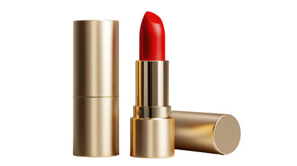 Scarlet Allure: A close-up shot of a sophisticated gold lipstick tube, with the vibrant crimson lipstick glistening and primed, ready to define and captivate.