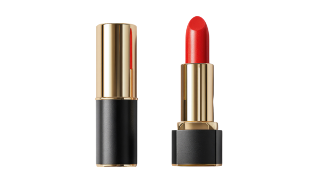 Crimson lipstick: The image showcases a vibrant, red lipstick, exuding a sense of elegance and beauty. Its golden casing contrasts beautifully, promising a touch of glamour and confidence.