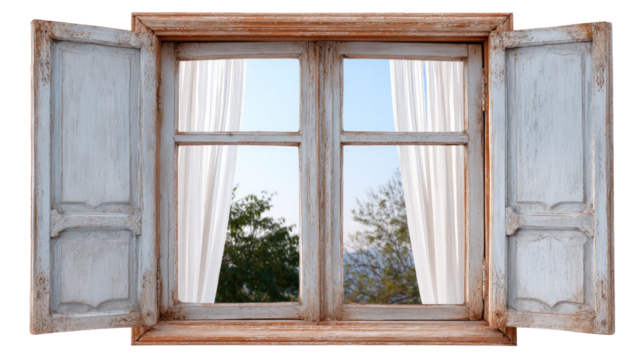 Open Window Frame with View: a rustic window frames an inviting view, the open shutters welcoming natural light to illuminate the serene scene, capturing a sense of tranquility.