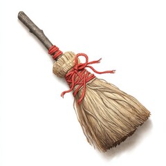 Rustic Handmade Broom with Red Twine Tied Handle Isolated on White Background Perfect for Autumn or Witchcraft Themes