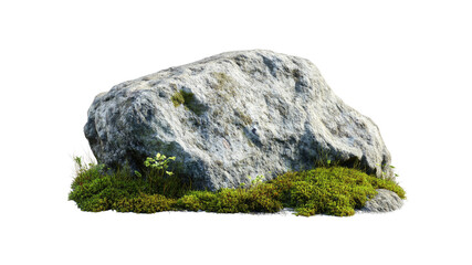 Large Grey Boulder with Lush Green Moss and Grass Isolated on Transparent Background
