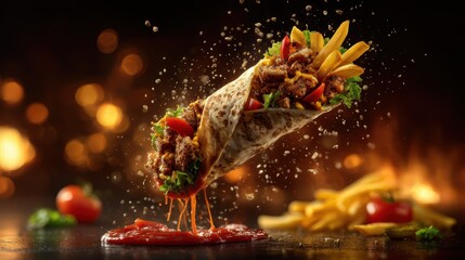 artistic professional photo of shawarma roll flying with French fries and pickle slices spinning around, ketchup splash, perfect lighting, realistic and cinematic style
