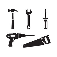 Black Silhouette of Construction Tools Hammer Wrench Screwdriver Saw Drill (Different View)