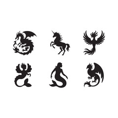 Fototapeta premium Black Silhouette of Fantasy Creatures Dragon Phoenix Gryphon Mix