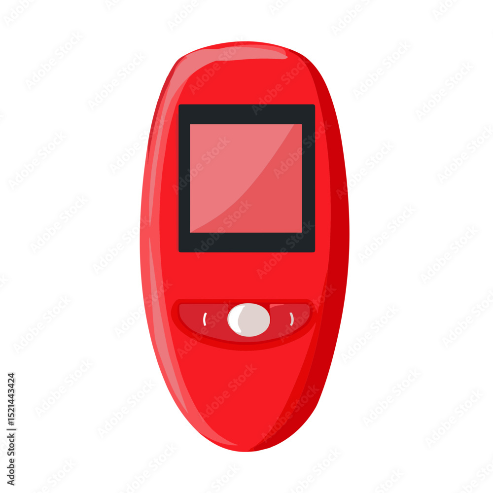 Poster red electronic device with black screen and single white button isolated on white background for tec