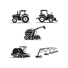 Black Silhouette of Farm and Construction Vehicles Tractor Harvester