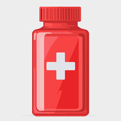 Fototapeta premium Red Medicine Bottle with White Cross Symbol for Health Care and Pharmaceutical Needs on a Light Gray Background