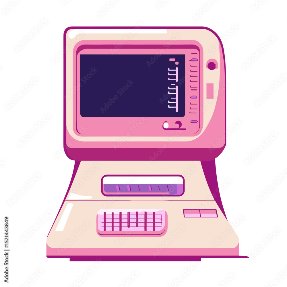 Poster retro pixel art computer with pink hues isolated on white background featuring vintage design and an