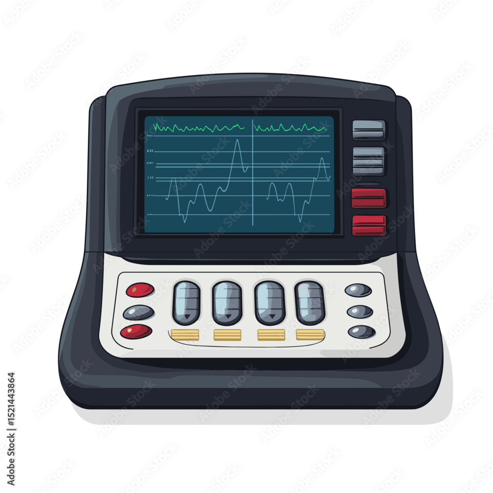 Poster retro pixel art oscilloscope with black body blue screen and multiple colorful buttons isolated on w
