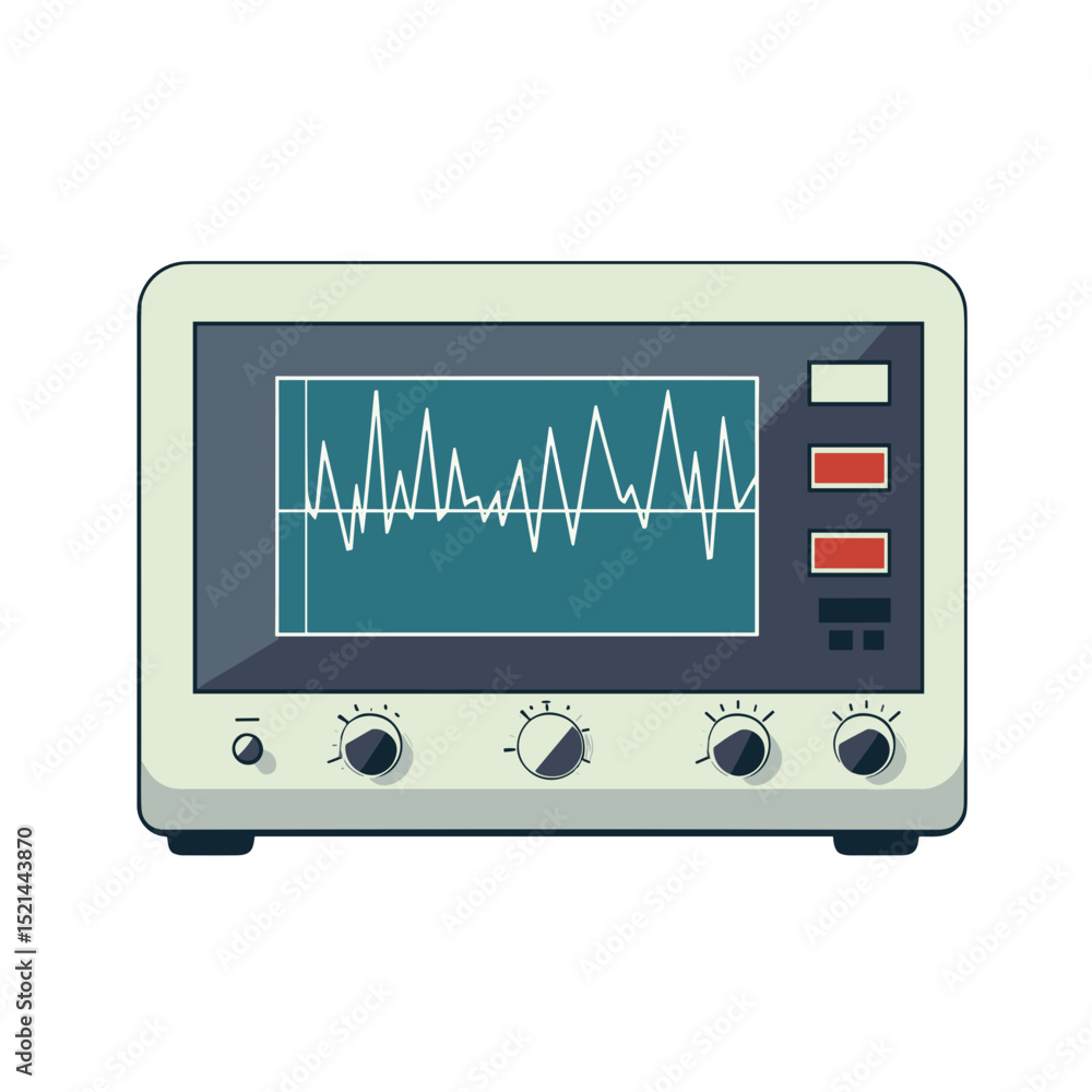 Poster retro pixel art oscilloscope depicting white noise waveform isolated on white background with beige 