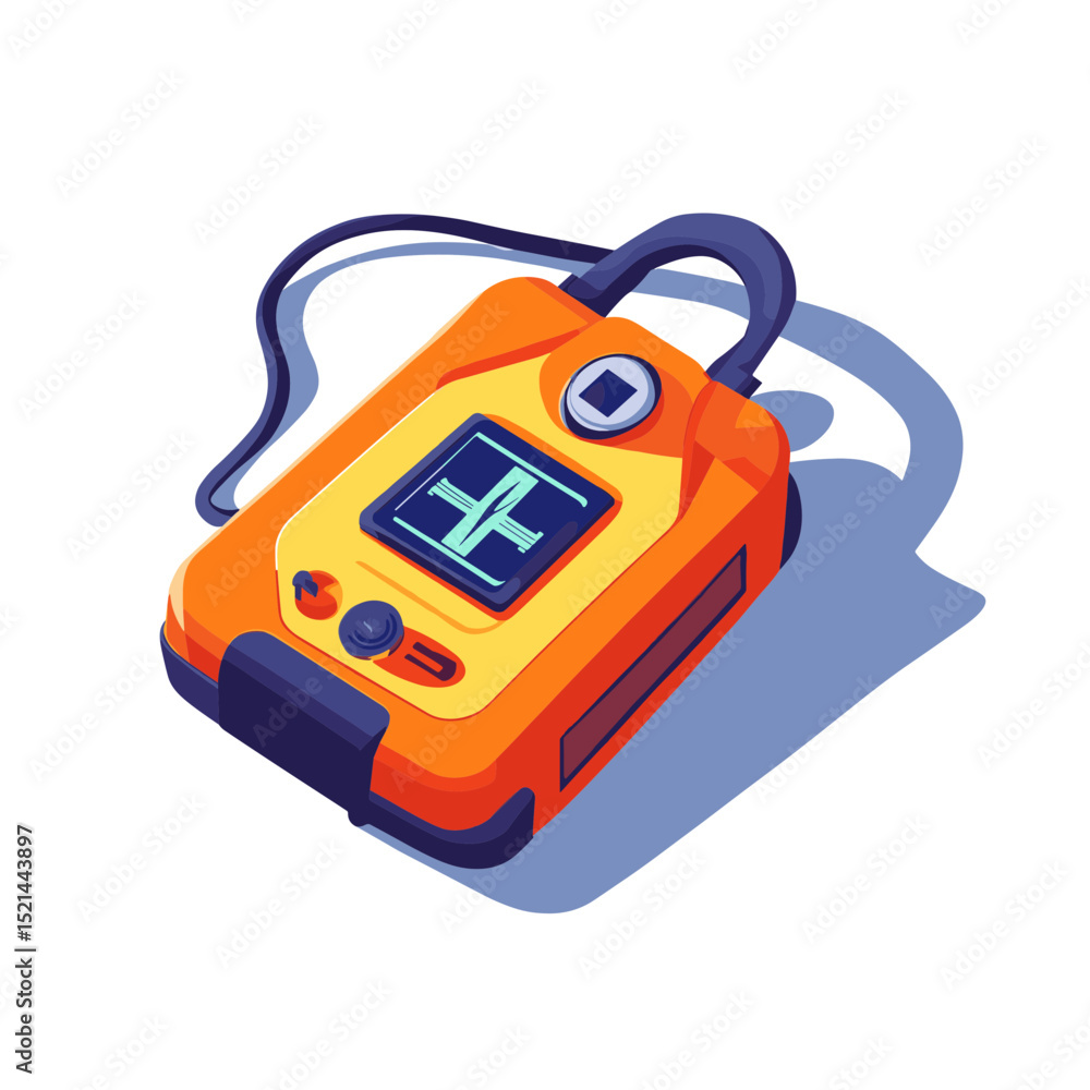 Poster retro pixel art style portable device in orange color with hanging cord isolated on white background
