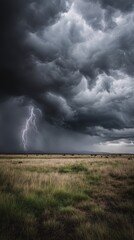 artistic professional photo of stormy clouds with lightning in distance, perfect lighting, realistic and cinematic style