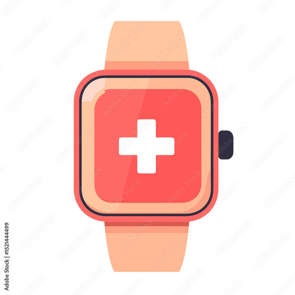 Poster smartwatch with health monitoring app on screen featuring plus sign in coral and beige scheme