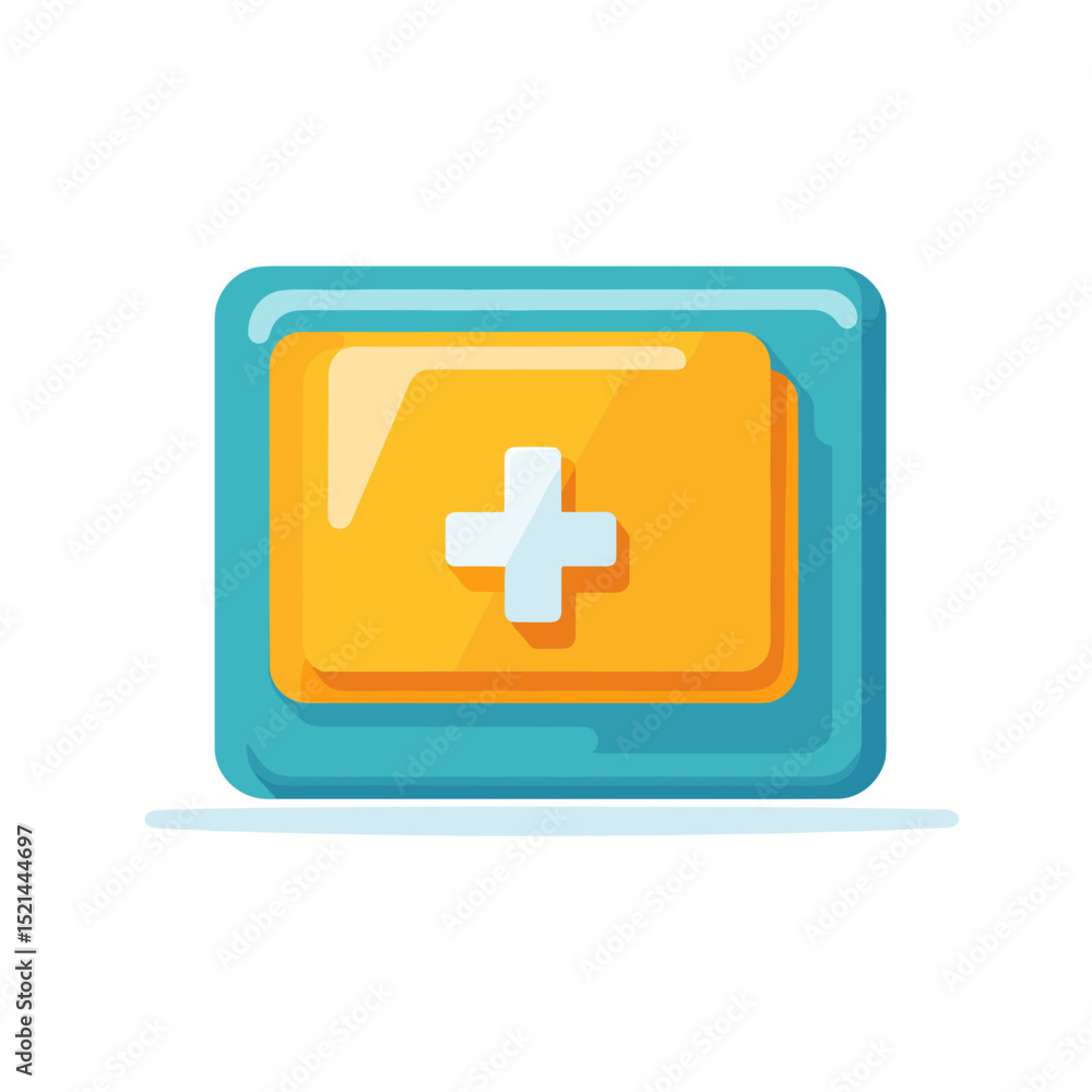 Poster square button with a white plus sign in blue and yellow colors for user interface elements