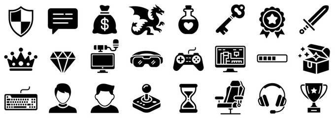 Gaming and esports icon set, including headset, game controller, joystick, keyboard, dragon, treasure chest, trophy, crown, potion, and more