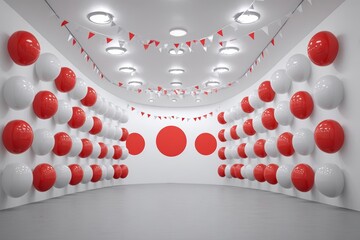 Red and White Balloon Installation in Modern Interior