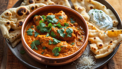 A spicy Indian butter chicken with naan bread