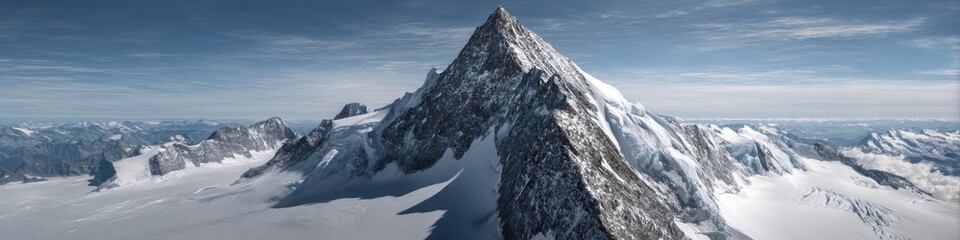 artistic professional photo of Swiss Alps with snowy peaks and blue sky, panoramic view, perfect lighting, realistic and cinematic style