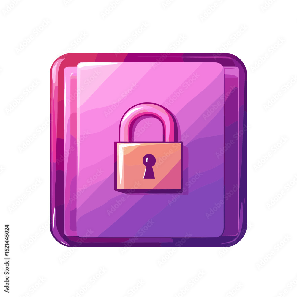Poster stylized pink and purple padlock icon on a square button for data security