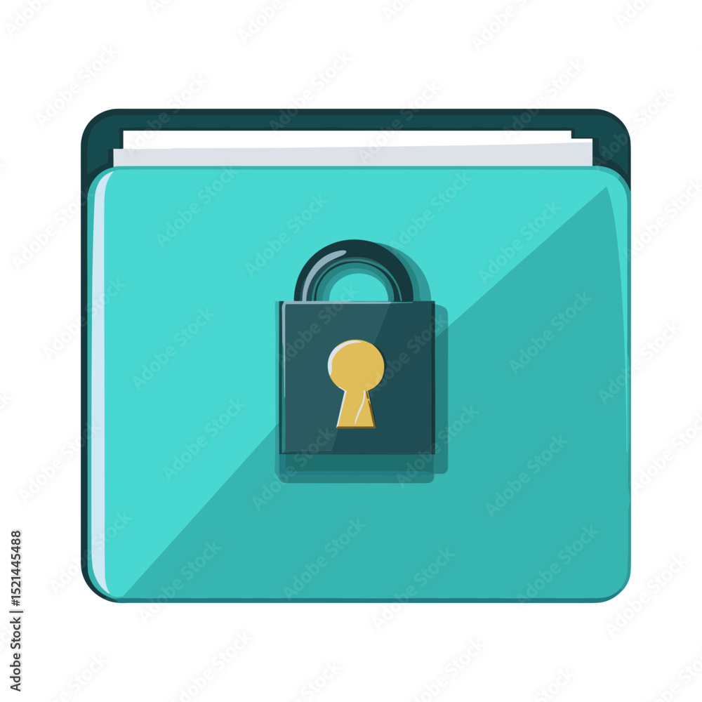 Poster teal folder icon with padlock securing information protection and privacy in a flat design