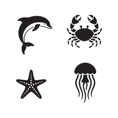 Fototapeta premium Black Silhouette of Marine Life Dolphin Crab Starfish Jellyfish