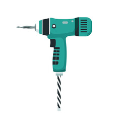 Turquoise Electric Drill with Black and White Bit for Construction and Home Repair Tool on White Background