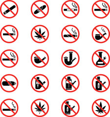 No Smoking and Drugs Prohibited Symbols, Collection of prohibition icons for smoking, vaping, and drugs. Ideal for public spaces