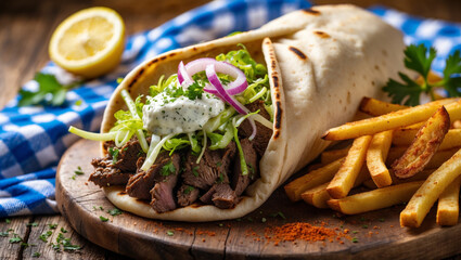 A fresh Greek gyro with tzatziki and fries