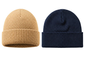 Pair of knitted beanies in stylish colors for winter wear isolated on a transparent background
