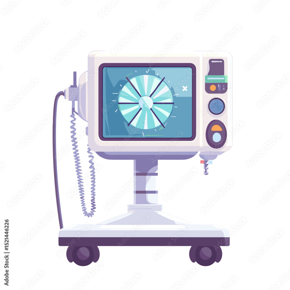 Poster vector illustration of a medical ventilator with monitor display and control buttons on white backgr