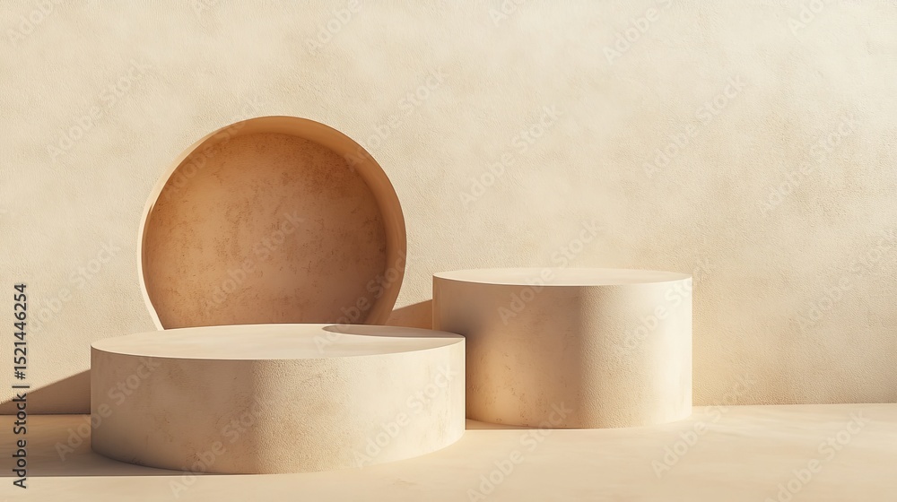 Poster minimalistic studio platform for displaying decor with stucco backgrounds in beige mockup setting