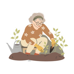 Woman planting in garden with trowel. Female gardener crouching near plants with watering can. Vector illustration for gardening, eco lifestyle, spring agriculture themes.