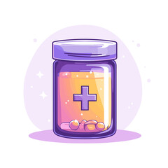 Obraz premium Vibrant Pixel Art Illustration of Medicine Bottle Filled with Pills on Light Purple Background Promoting Healthcare and Pharmaceutical Concepts