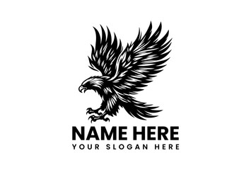Bold stencil vector logo of powerful eagle with outstretched wings and detailed feather patterns