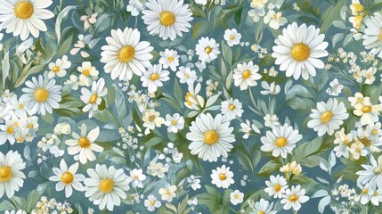 Seamless pattern of daisies and wildflowers in shades of green, blue, yellow, and white, designed with pastel colors