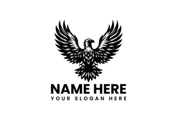 Bold stencil vector logo of powerful eagle with outstretched wings and detailed feather patterns