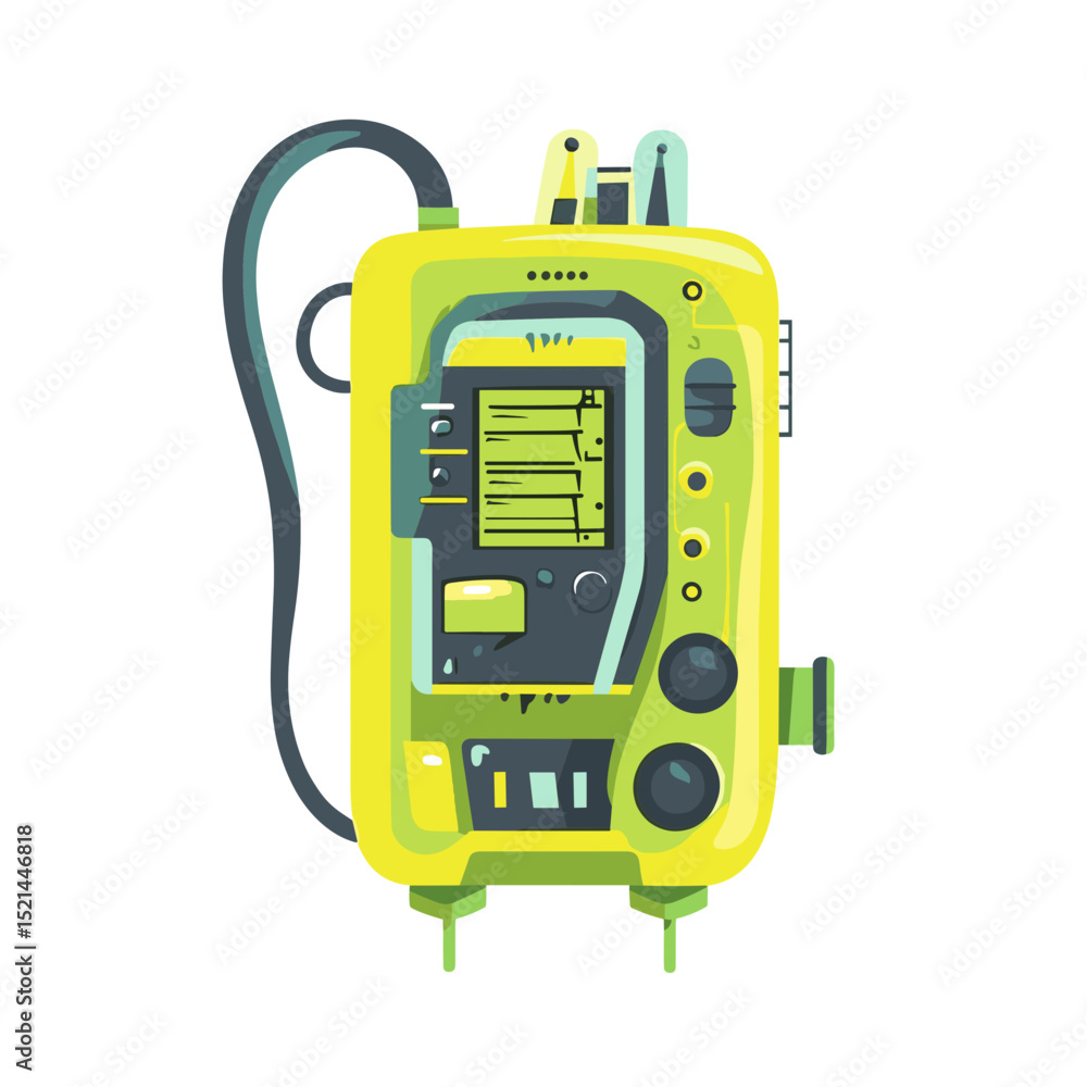 Poster yellow retro futuristic machine with screen and buttons on white background