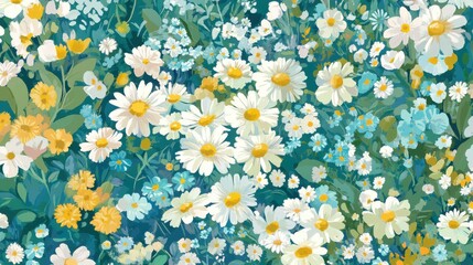 Seamless pattern of daisies and wildflowers in shades of green, blue, yellow, and white, designed with pastel colors