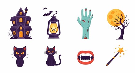 Spooky Halloween Icon Set: A collection of iconic elements, featuring a haunted house, bats, a lantern, zombie hand, full moon, tree, black cat, teeth, and a magic wand.
