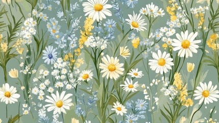 Seamless pattern of daisies and wildflowers in shades of green, blue, yellow, and white, designed with pastel colors