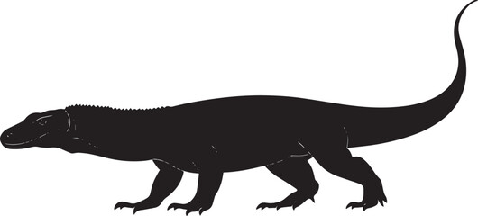 Naklejka premium Komodo dragon moving forward legs extended outward, body close to the ground, and tail trailing in a black vector outline.